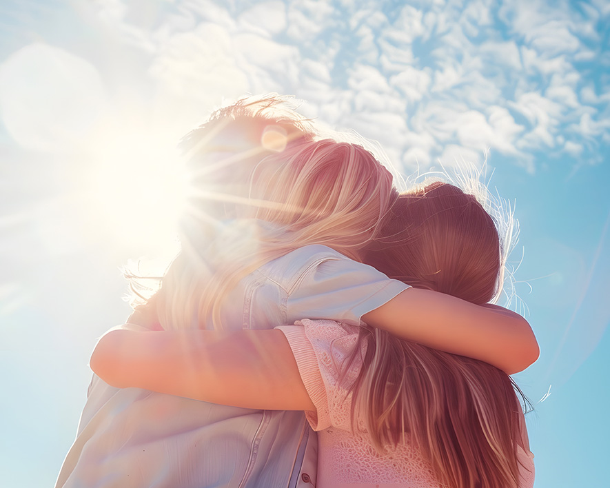 Group of children hugging in front of a blue sky