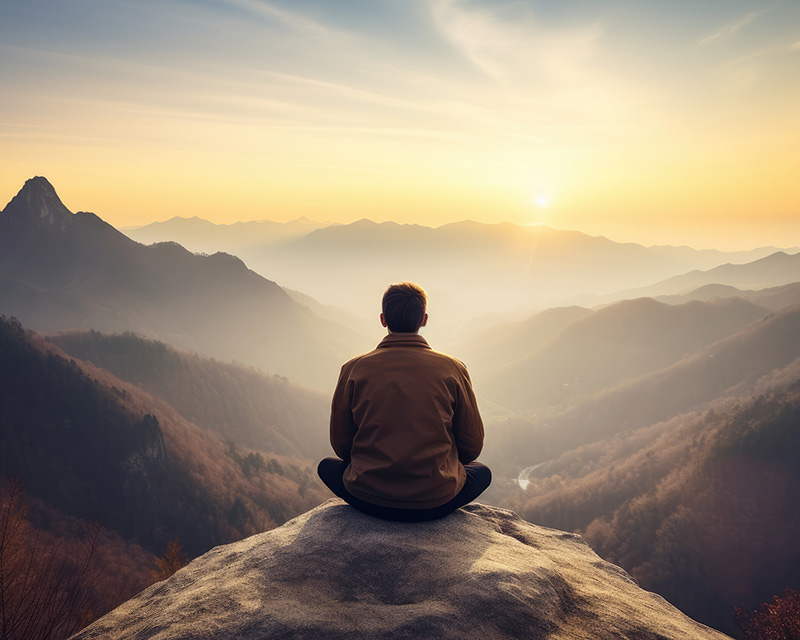 Man sitting on a mountaintop looking at the sunset